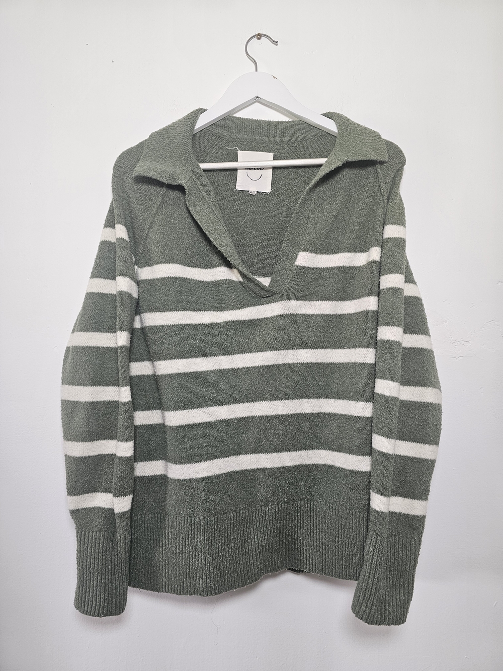 Aerie Striped V-Neck Collared Sweater - Sage Green & Cream